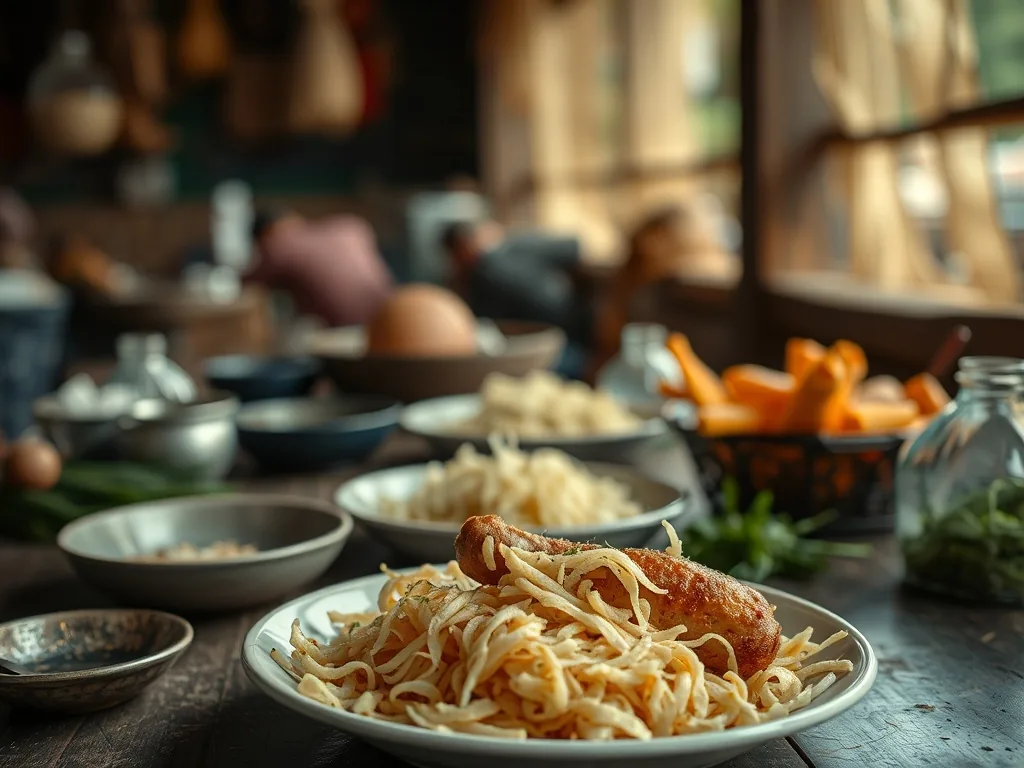 Bols de riz thaï sauté au poulet avec lamelles de poulet, oignons verts, piment et graines de sésame, vapeur légère au-dessus du wok