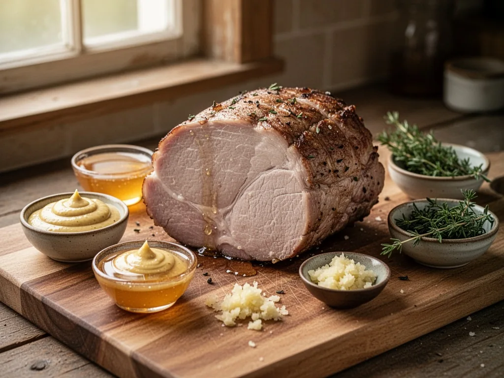 A pork roast on a wooden cutting board, surrounded by small bowls of Dijon mustard, honey, minced garlic, and fresh thym