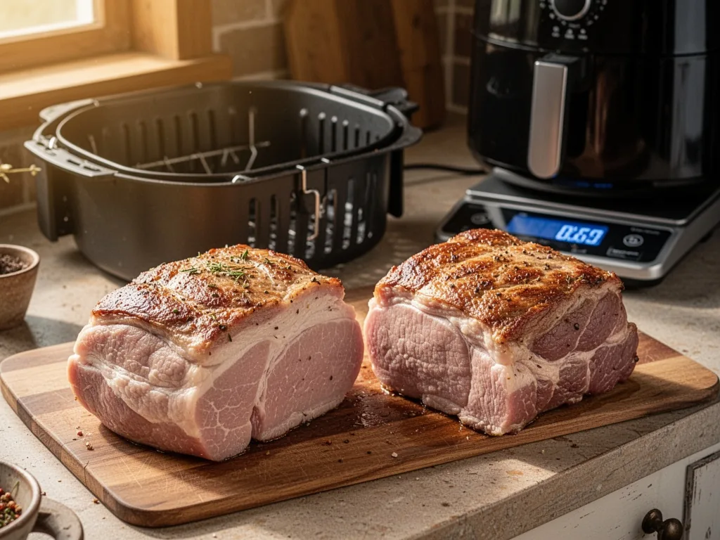 Two pork roasts of different sizes side by side on a kitchen counter, an air fryer basket empty in the background, a dig
