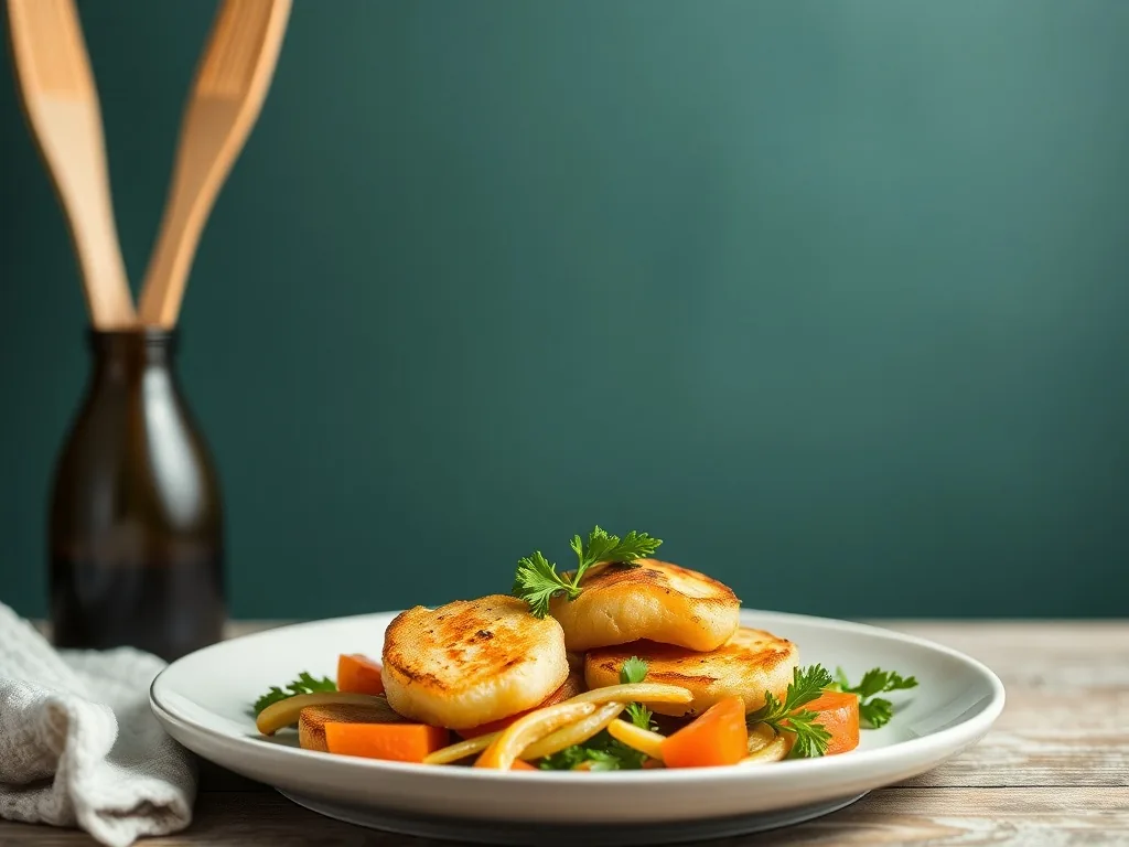 Noix de Saint-Jacques dorées dans une poêle, à côté d'une fondue de poireaux et d'une purée de céleri.