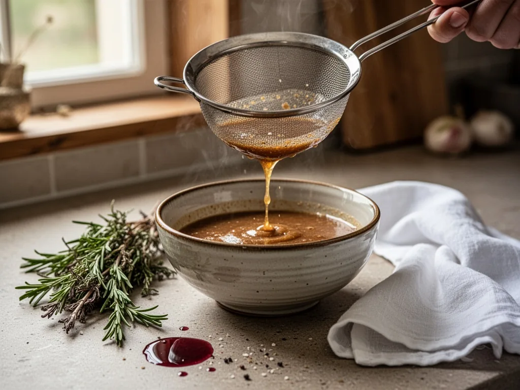 A close-up of a fine mesh sieve pouring golden brown sauce into a ceramic bowl, a bouquet garni, a small splash of red w