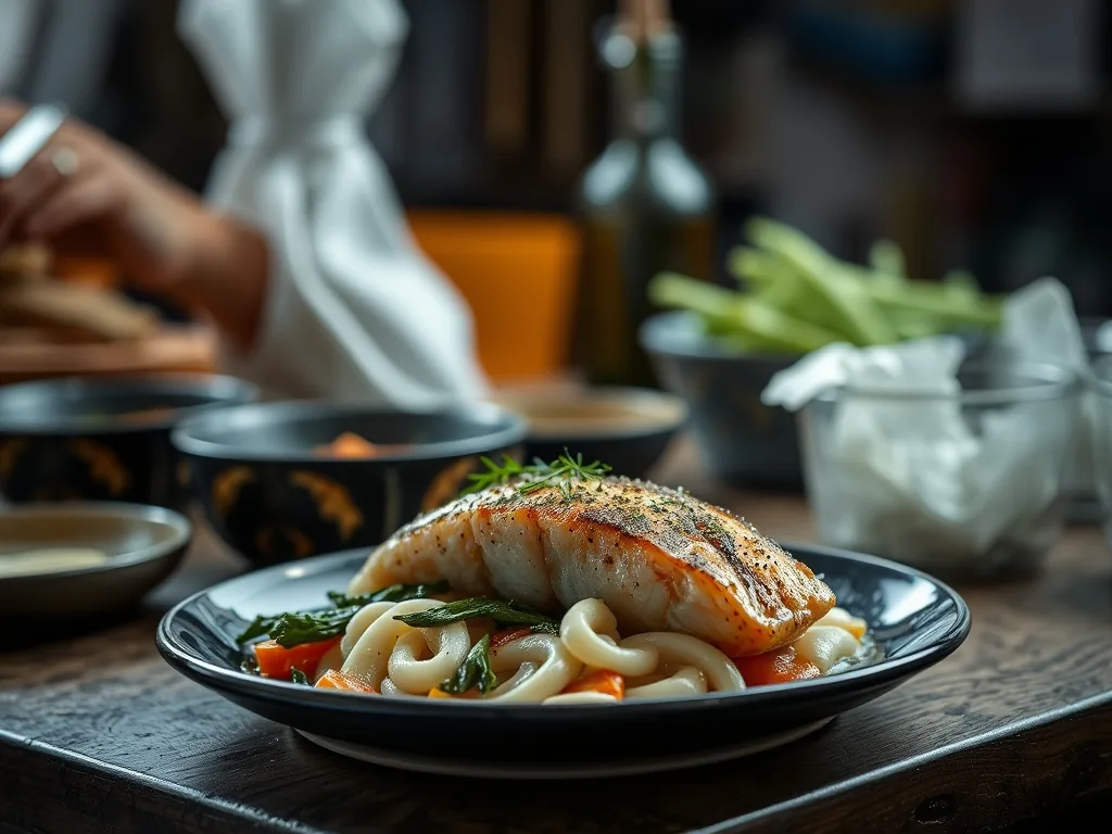 Assiette avec un pavé de saumon grillé, riz pilaf et légumes rôtis, disposée sur une table en bois, éclairage naturel, herbes fraîches parsemées