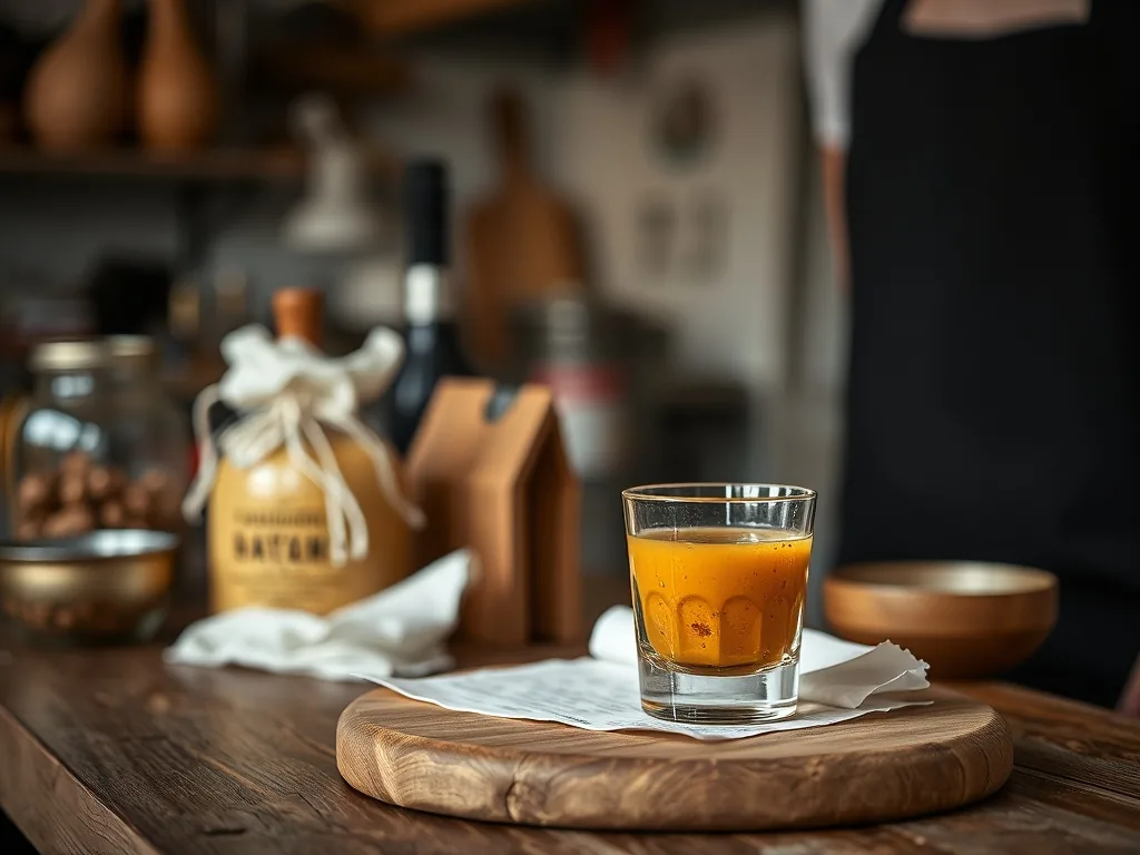 Un shooter ambré à l'amaretto posé à côté d'une tranche d'orange saupoudrée de sucre et de café moulu