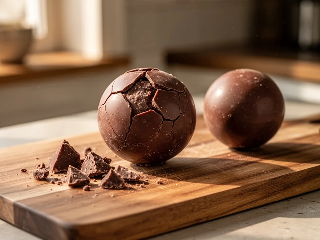 A cracked chocolate ball on a wooden board with crumbled pieces beside it, another intact sphere nearby, soft afternoon 