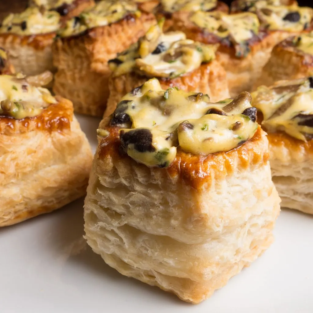 Un vol-au-vent doré sorti du four, garni de sauce crémeuse aux champignons et poulet, posé sur une table en bois avec des couverts anciens