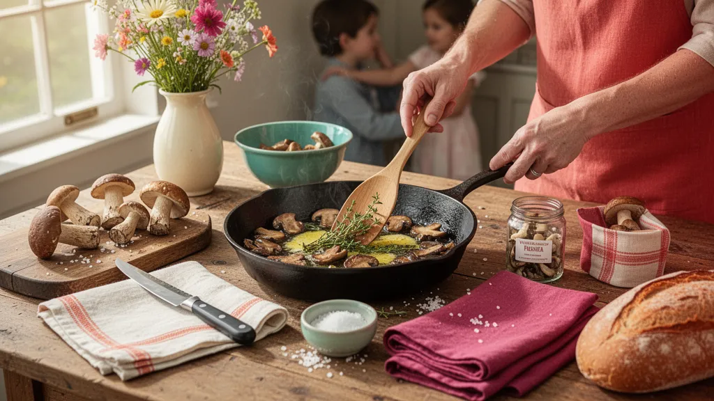 Cèpes dorés poêlés, servis sur une assiette en céramique, avec quelques brins de persil