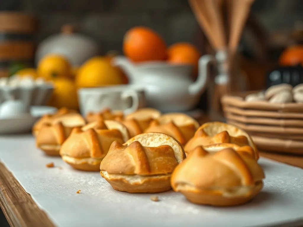 Biscuits cuillère dorés sur une plaque de four, saupoudrés de sucre glace, un bol de crème à côté