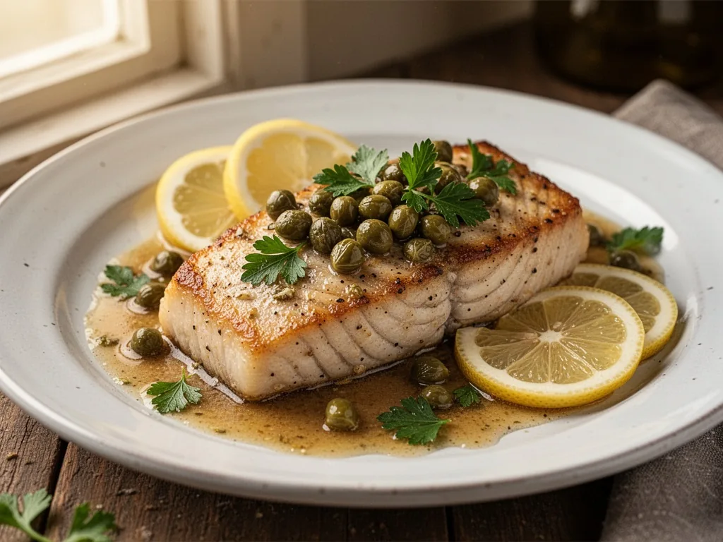 A pan-seared lieu jaune fillet coated in brown butter sauce with capers, lemon slices, and fresh parsley, resting on a w