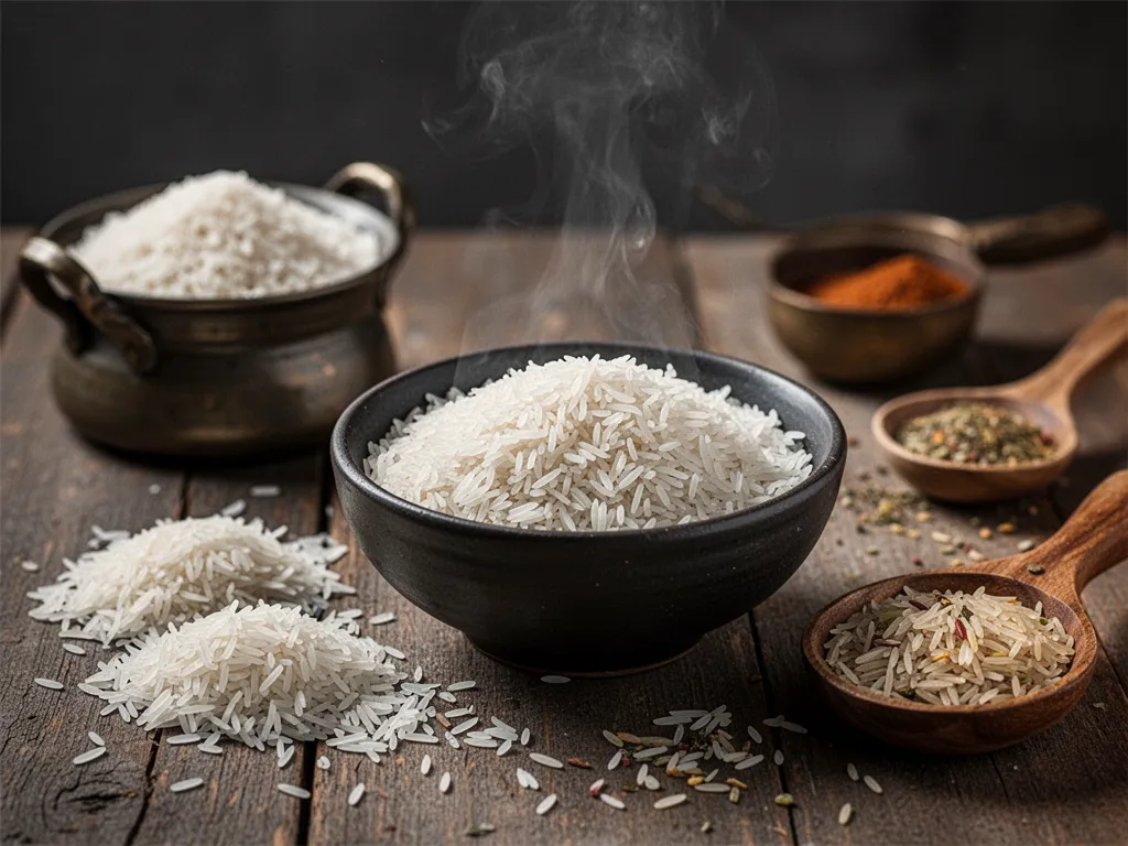 Bol de riz basmati blanc et parfumé servi avec herbes, citron et légumes sautés sur une table claire