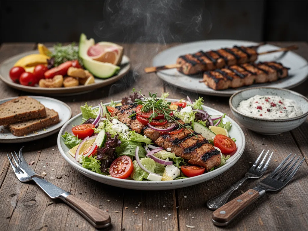 Grand saladier rempli d'une salade composée colorée avec tomates cerises, concombre, maïs, haricots verts et herbes fraîches, posé sur une table de jardin près d'un barbecue qui fume doucement.