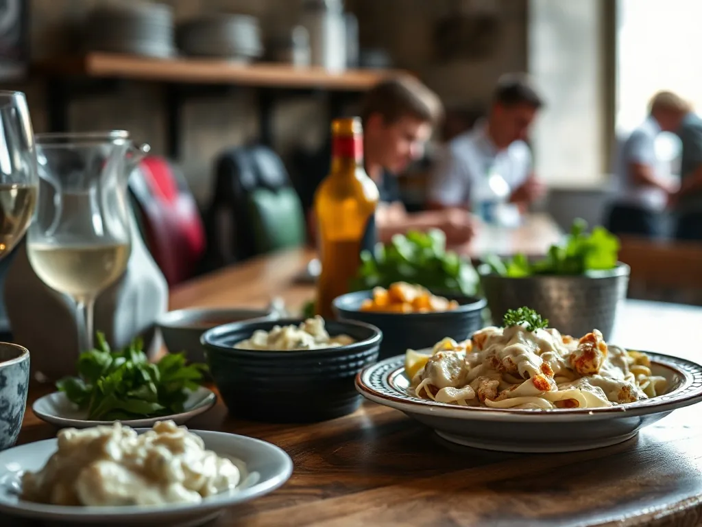 Un plat de fettuccines nappés de sauce Alfredo crémeuse sur une table en bois, avec du parmesan râpé et quelques feuilles de basilic
