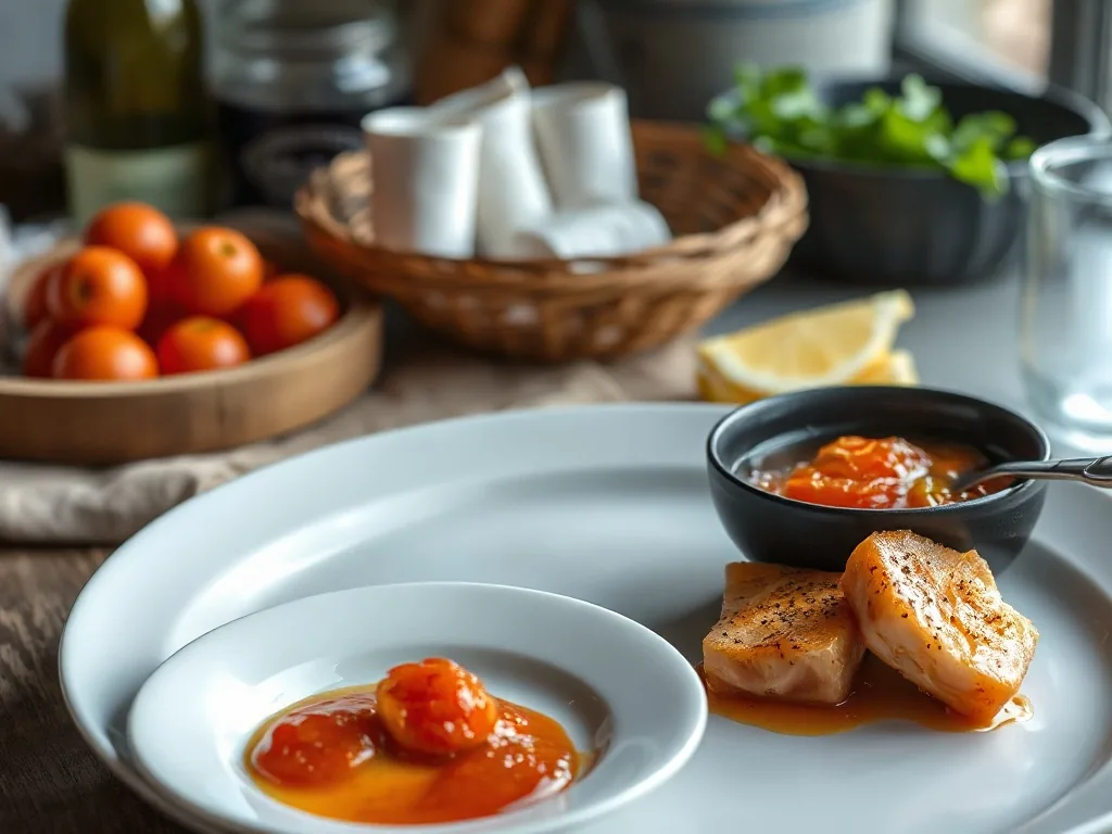 Un bol de sauce onctueuse à l'aneth posé à côté d'un plateau de saumon gravlax tranché finement, avec un citron et des blinis en arrière-plan.