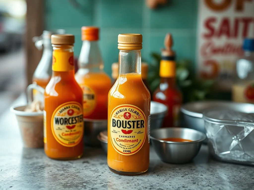 Un bocal en verre rempli de sauce Worcestershire maison, foncée et légèrement trouble, posé sur un torchon rayé, avec une cuillère en bois et des épices autour