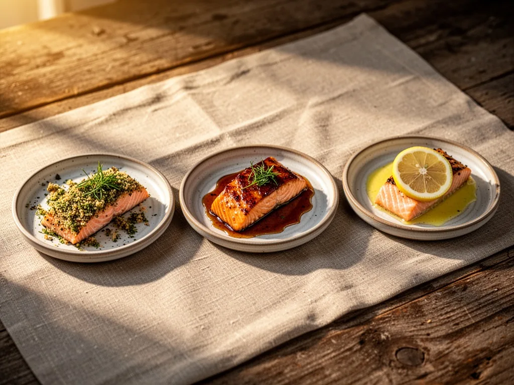 Three small ceramic plates with different salmon dishes: herb-crusted, glazed, and lemon-butter, placed side by side on 