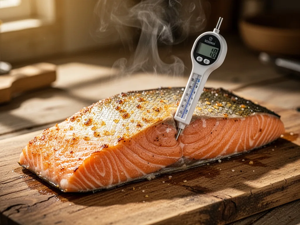 A close-up of a salmon fillet with golden crispy skin, a digital thermometer inserted into the thickest part, steam risi