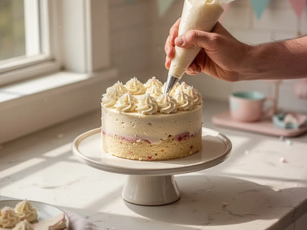 A hand piping white buttercream rosettes onto a small round smash cake on a simple cake stand, tidy counter, soft shadow