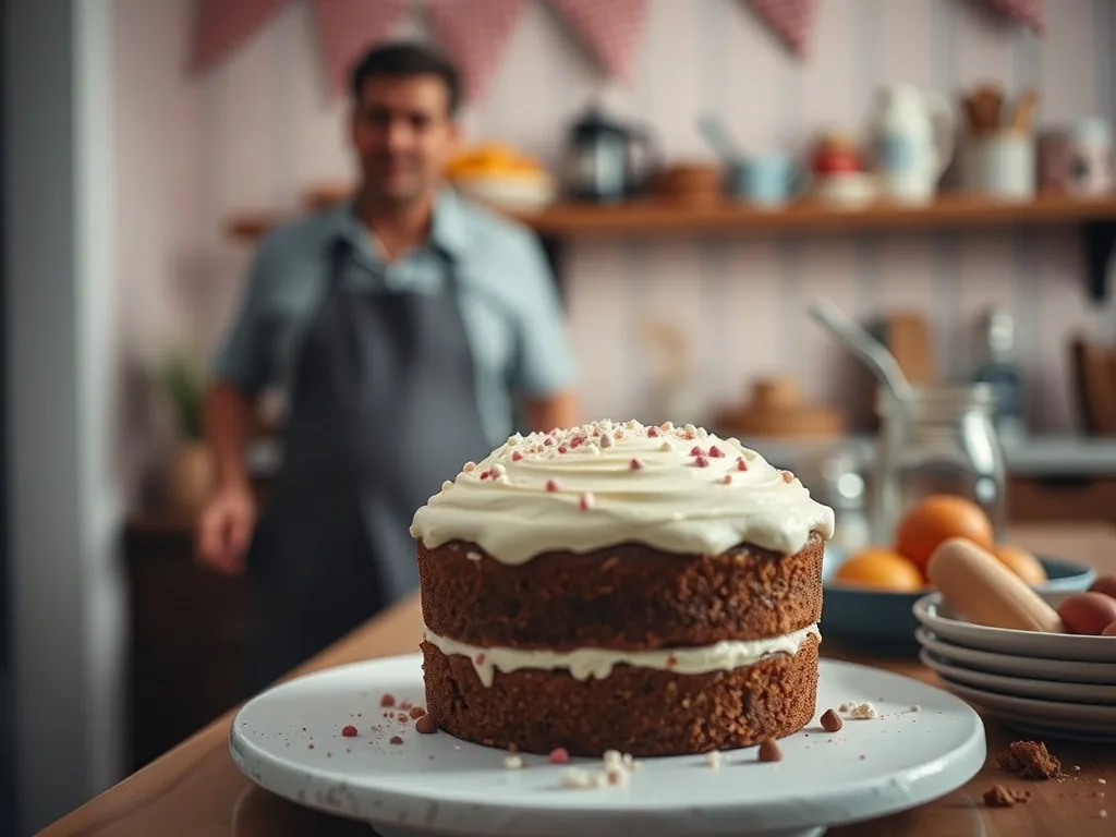 Un gâteau d'anniversaire à un étage crème blanche posé devant un enfant, petites miettes déjà autour, lumière naturelle