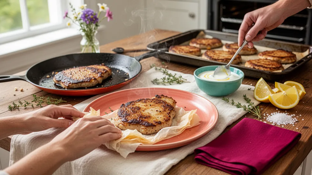 Tranches de dinde dorées et nappées d'une sauce légère, servies avec herbes fraîches