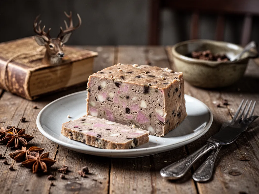 Tranche de terrine de chevreuil rosée sur un torchon de lin, à côté d'un pot de cornichons et d'une miche de pain de campagne